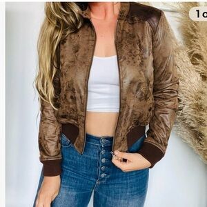 Anthro Hei-Hei Vegan leather Rockaway Brown Bomber Jacket small